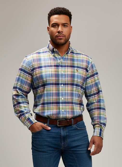 Camisa de botones Polo Ralph Lauren 🏇🏼 Oxford de cuadros tartán amarillo, celeste, azul y blanco Talla S Entalle Regular