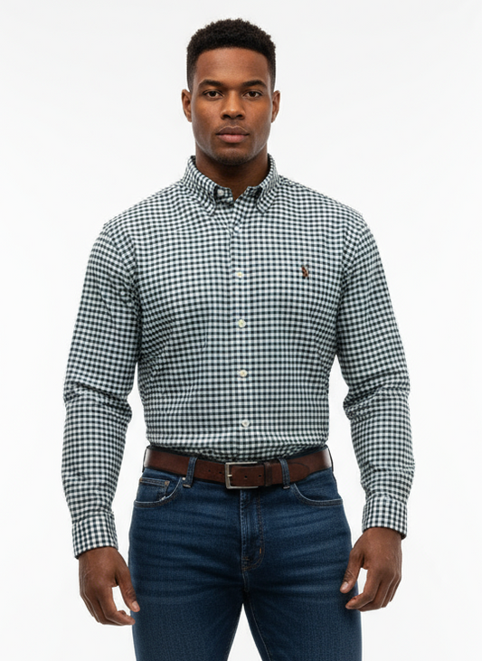 Camisa Polo Ralph Lauren 🏇🏼 Oxford color blanco de cuadros en color verde oscuro y azul Talla M Entalle Regular