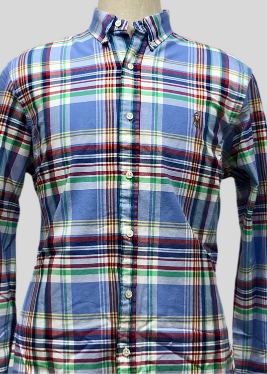 Camisa Polo Ralph Lauren 🏇🏼 Oxford con patron de cuadros tartán celeste, amarillo, verde, rojo y blanco Talla L Entalle Slim Fit