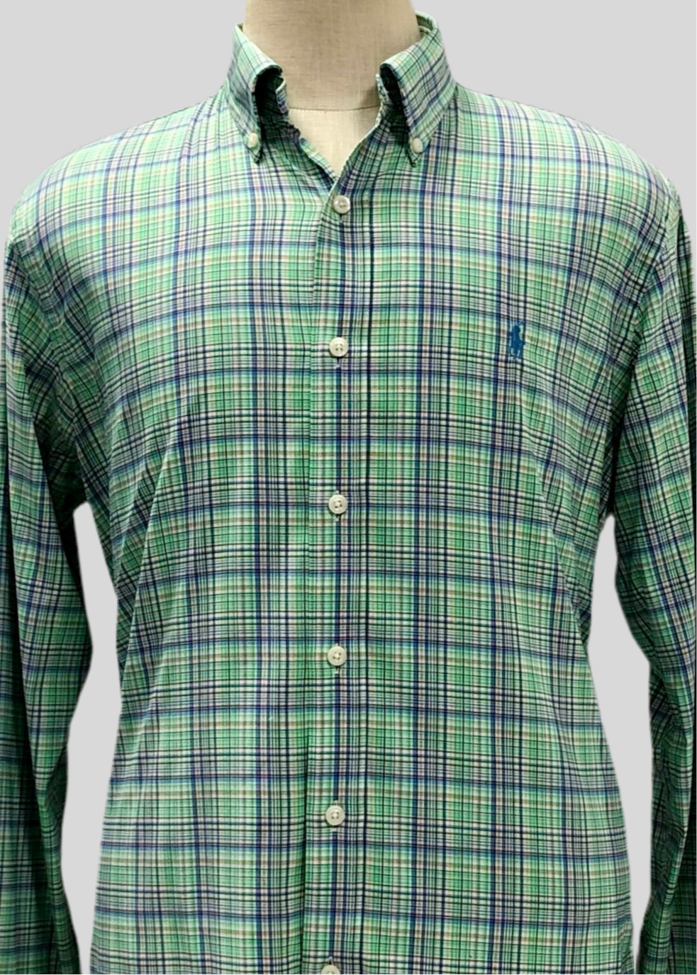 Camisa Polo Ralph Lauren 🏇🏼 con patrón de cuadros verde, azul y blanco Talla L Entalle Regular