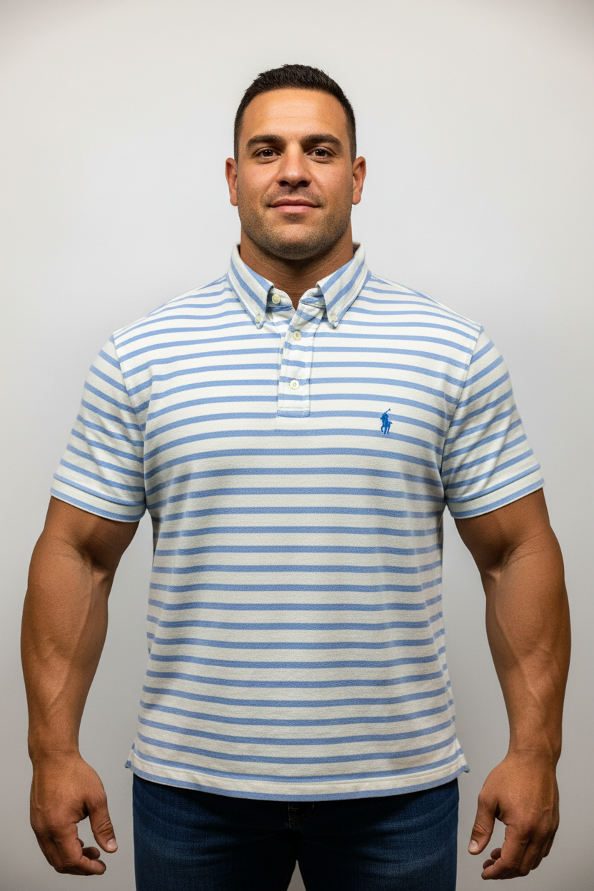 Camiseta Polo Ralph Lauren 🏇🏼 (Knit Oxford) color blanco con rayas en celeste Talla XXL Entalle Regular