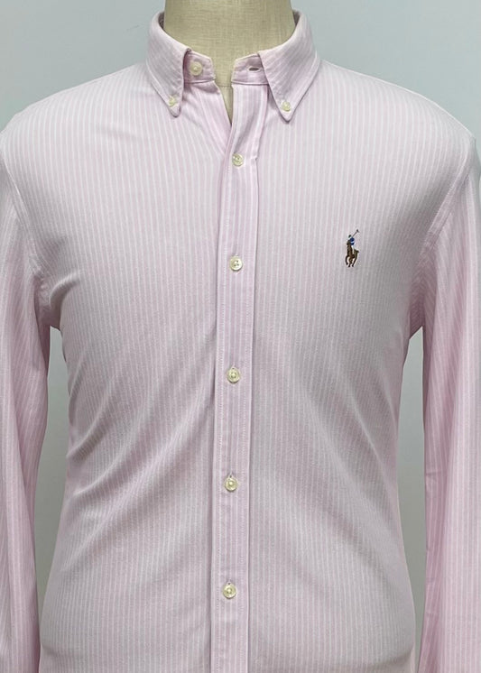 Camisa Polo Ralph Lauren 🏇🏼 Tela camiseta (Knit Oxford) con patrón de rayas en color rosado y blanco Talla L Entalle Slim Fit