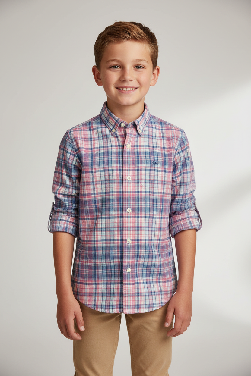 Camisa de niño Vineyard Vines 🐳 con patrón de cuadros en color rosado, azul y blanco Talla S (8-10) Entalle Regular