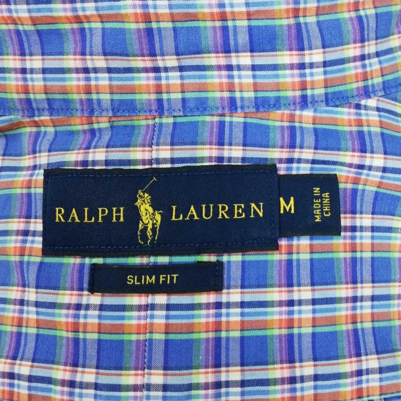 Camisa Polo Ralph Lauren 🏇🏼 color azul con patron de cuadros naranja, verde y blanco Talla M Entalle Slim Fit