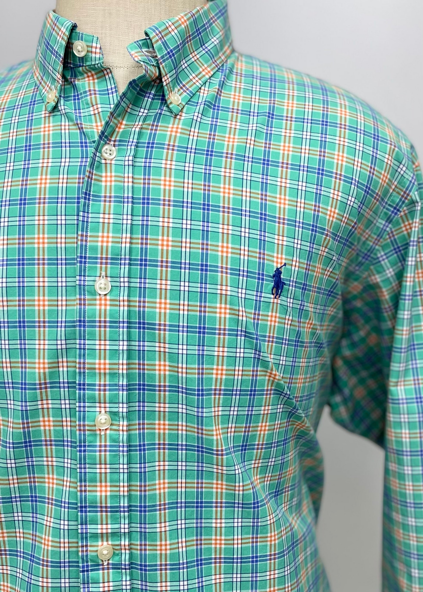 Camisa Polo Ralph Lauren 🏇🏼 color verde con cuadros naranja y azul Talla XL Entalle Regular