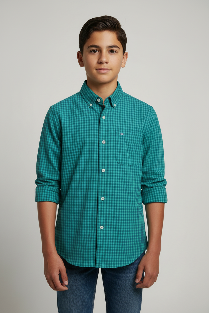 Camisa de niño Southern Tide 🐟 Performance con patron de cuadros en tonalidad verde Talla L (12-14) Entalle Regular
