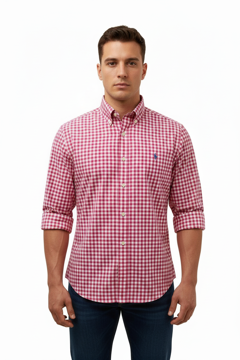 Camisa de botones Polo Ralph Lauren 🏇🏼 de cuadros gingham rosado intenso y blanco Talla M Entalle Clásico
