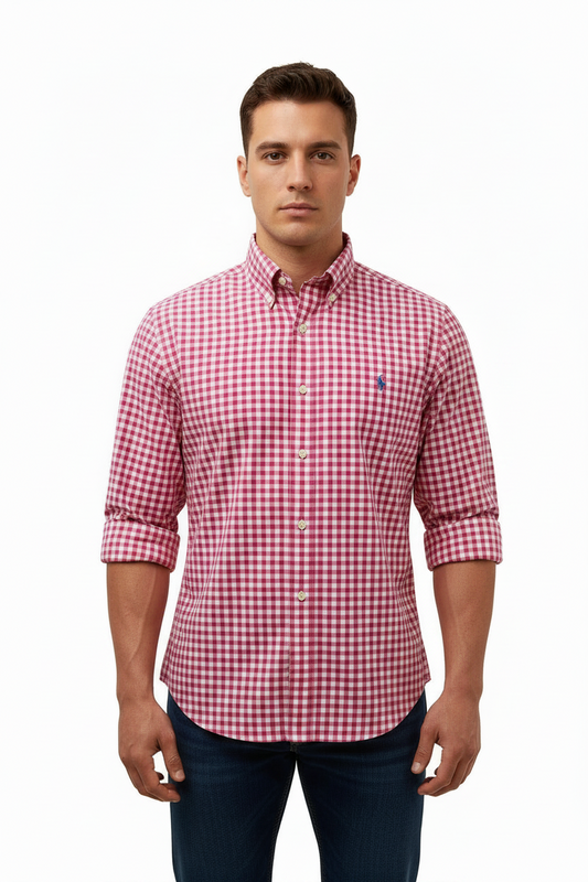 Camisa de botones Polo Ralph Lauren 🏇🏼 de cuadros gingham rosado intenso y blanco Talla M Entalle Clásico