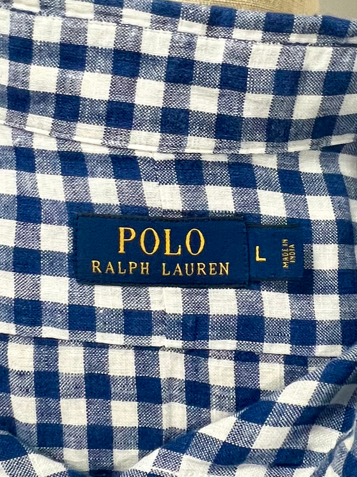 Camisa de botones Polo Ralph Lauren 🏇🏼 De lino con patrón de cuadros gingham azul y blanco Talla L Entalle Regular