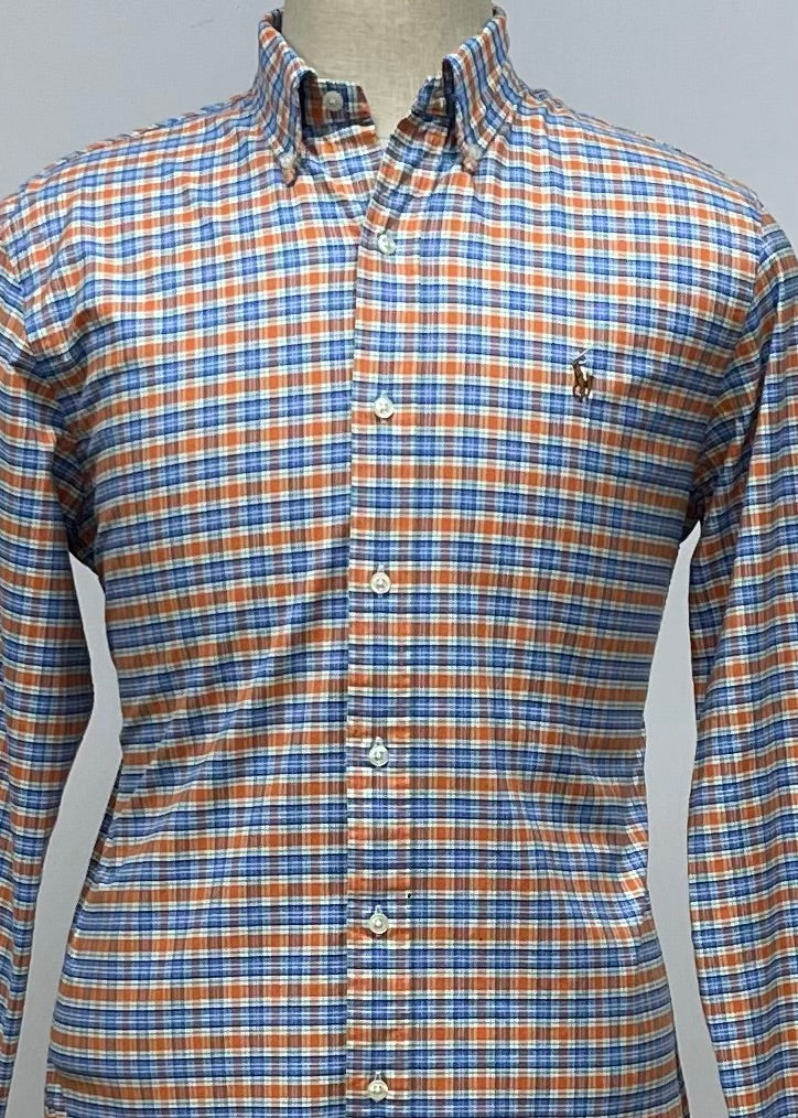 Camisa Polo Ralph Lauren 🏇🏼 Oxford con patron de cuadros tartán en color naranja, azul y blanco Talla M Entalle Slim Fit