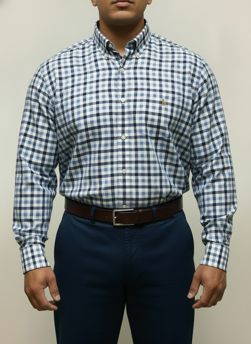 Camisa Polo Ralph Lauren 🏇🏼 Oxford color blanco con patron de cuadros en celeste y azul navy Talla XXL Entalle Regular