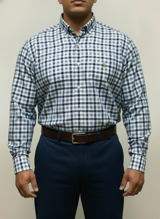 Camisa Polo Ralph Lauren 🏇🏼 Oxford color blanco con patron de cuadros en celeste y azul navy Talla XXL Entalle Regular