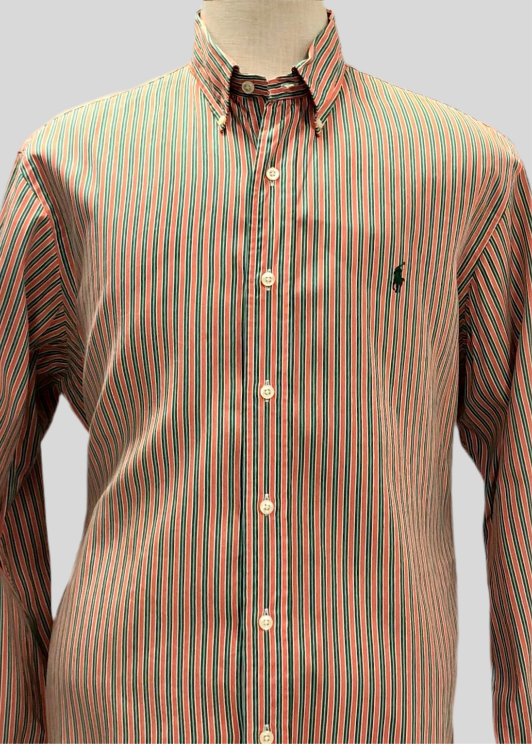 Camisa de botones Polo Ralph Lauren 🏇🏼 con patron de rayas en color naranja, verde y blanco Talla XL Entalle Custom Fit
