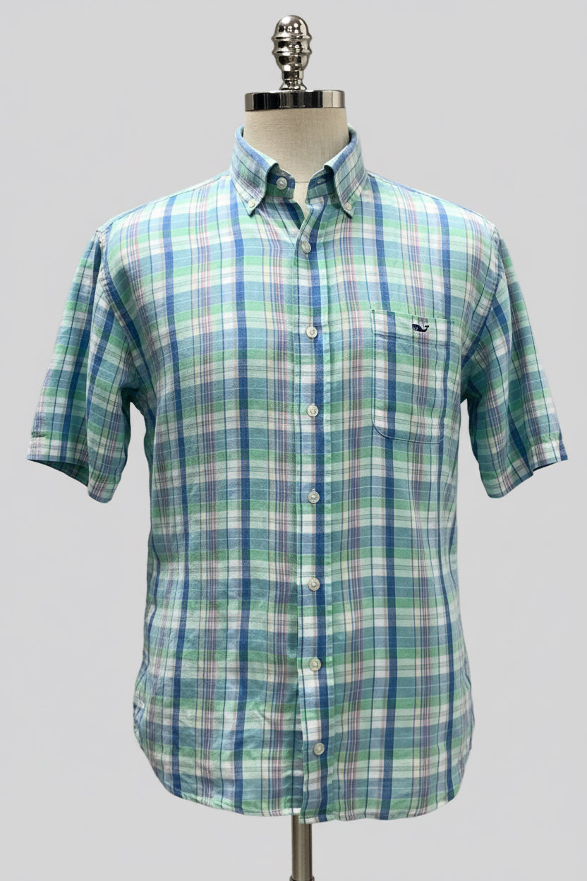 Camisa de botones Vineyard Vines 🐳 De Lino color blanco de cuadros en azul y verde Talla L Entalle Regular