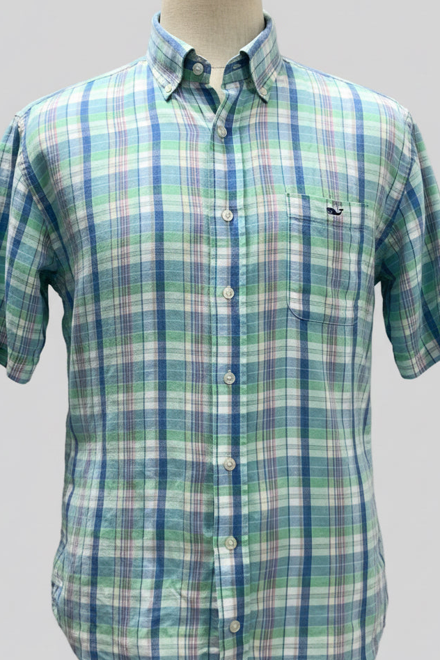 Camisa de botones Vineyard Vines 🐳 De Lino color blanco de cuadros en azul y verde Talla L Entalle Regular