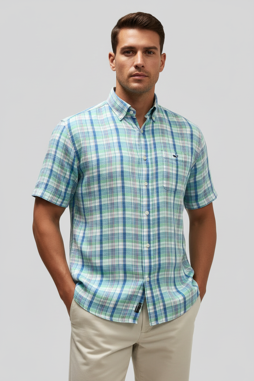 Camisa de botones Vineyard Vines 🐳 De Lino color blanco de cuadros en azul y verde Talla L Entalle Regular