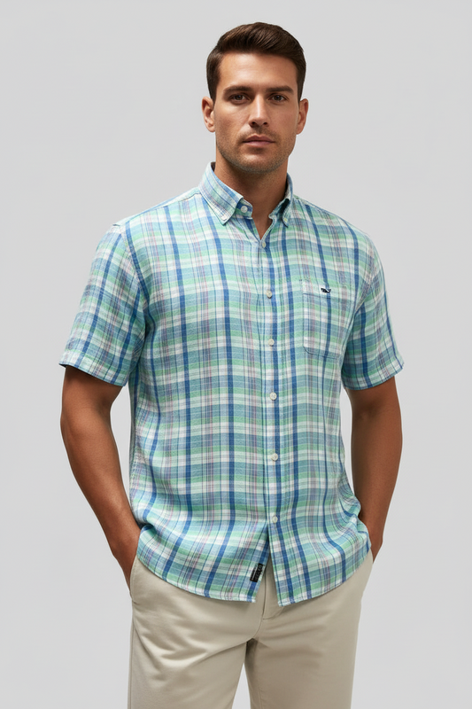 Camisa de botones Vineyard Vines 🐳 De Lino color blanco de cuadros en azul y verde Talla L Entalle Regular