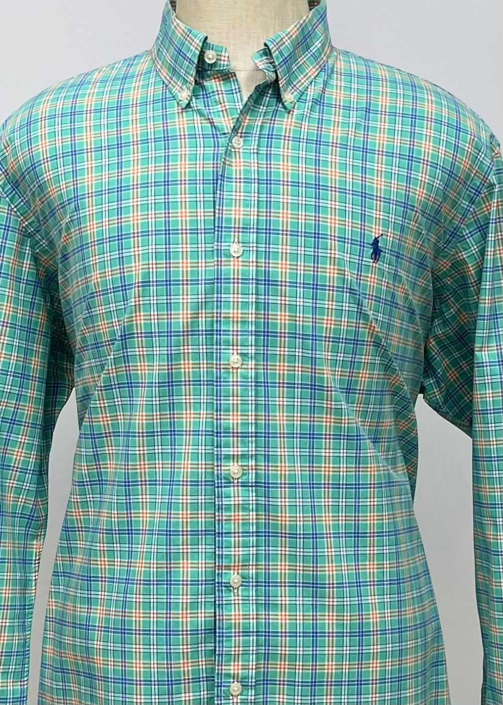 Camisa Polo Ralph Lauren 🏇🏼 color verde con cuadros naranja y azul Talla XL Entalle Regular