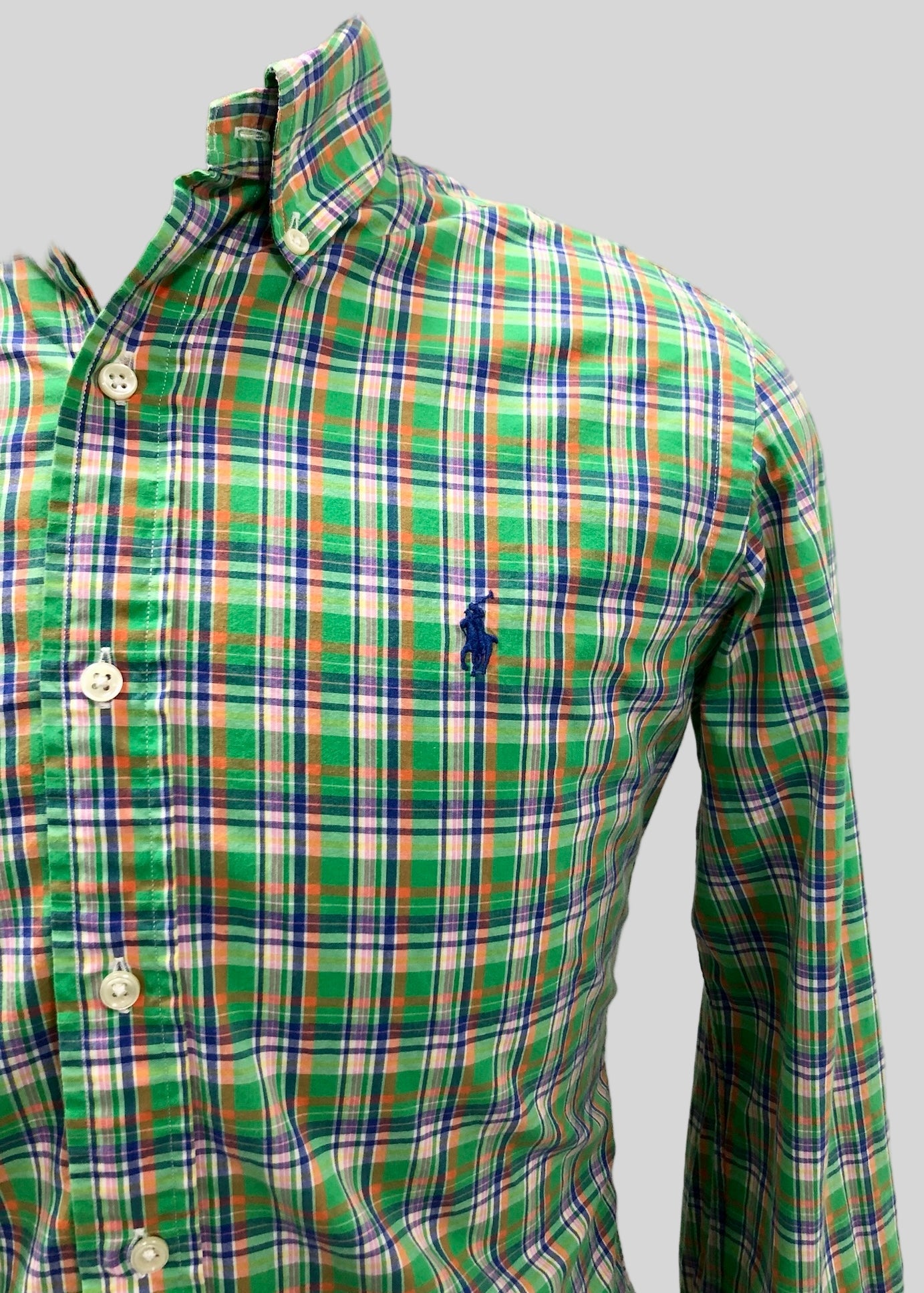 Camisa Polo Ralph Lauren 🏇🏼 con patron de cuadro verde, azul y blanco Talla S Entalle Custom Fit
