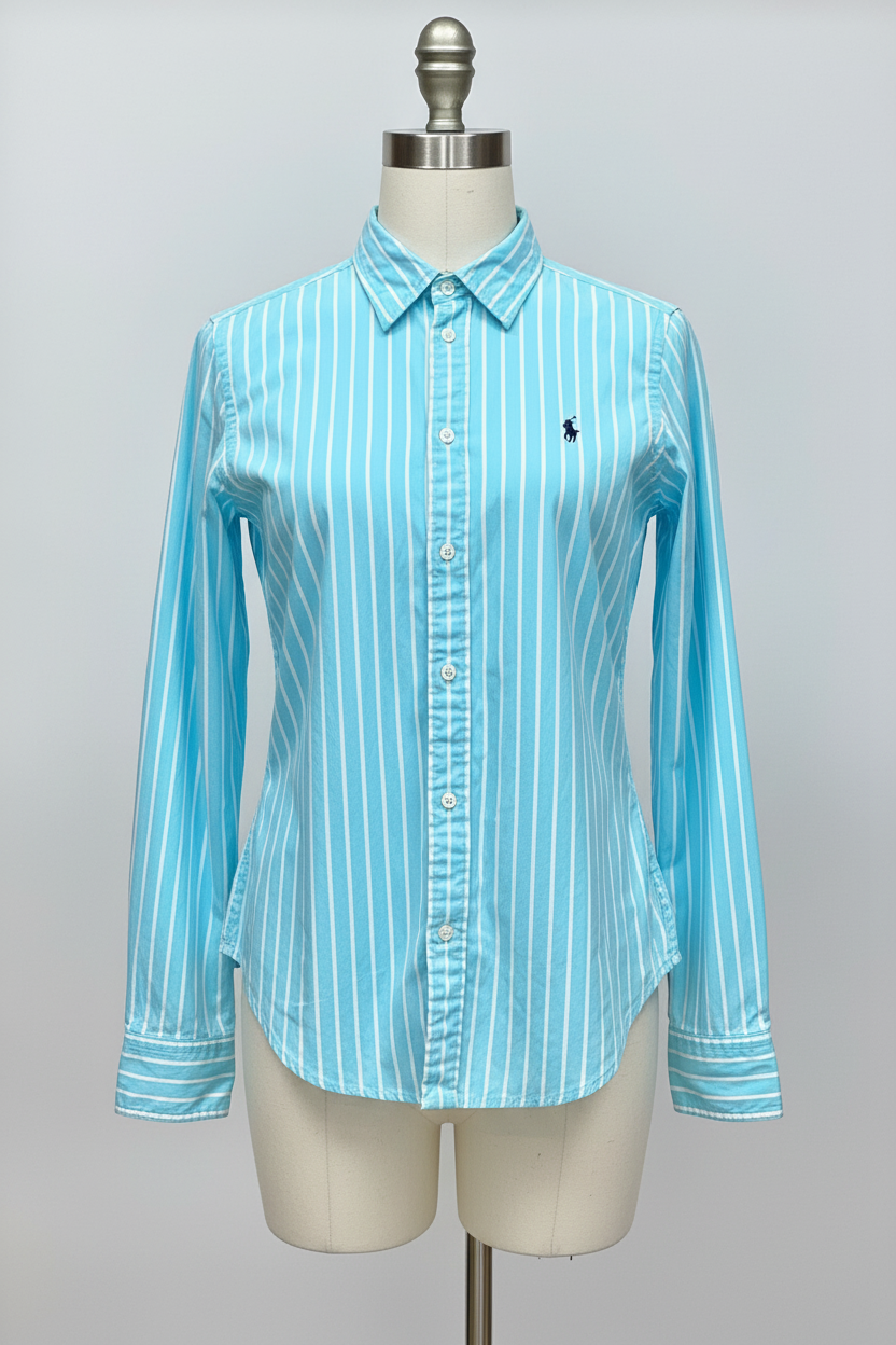 Camisa de mujer Polo Ralph Lauren 🏇🏼 turquesa con patrón de rayas blanco Talla XS (2) Entalle Regular