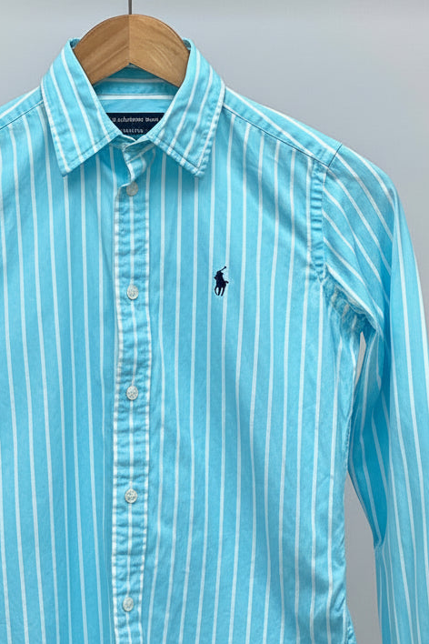 Camisa de mujer Polo Ralph Lauren 🏇🏼 turquesa con patrón de rayas blanco Talla XS (2) Entalle Regular
