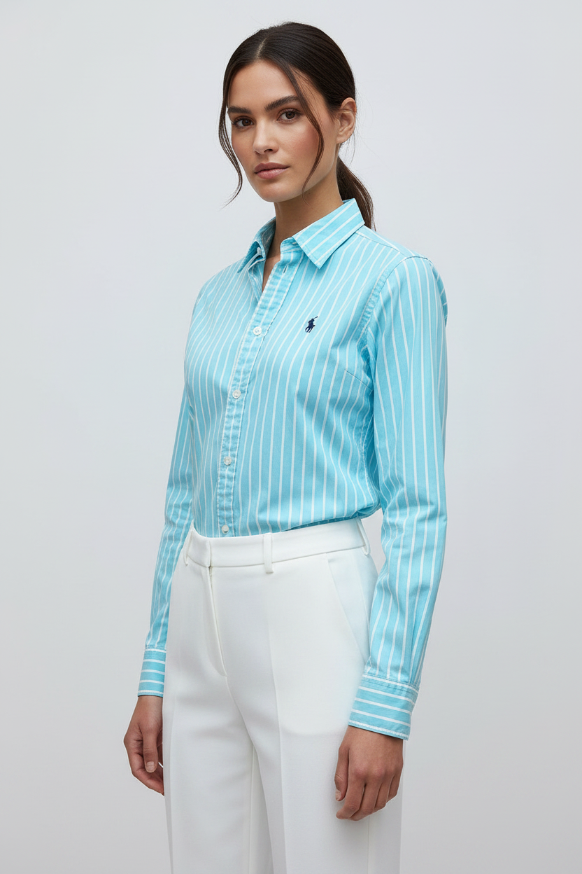 Camisa de mujer Polo Ralph Lauren 🏇🏼 turquesa con patrón de rayas blanco Talla XS (2) Entalle Regular