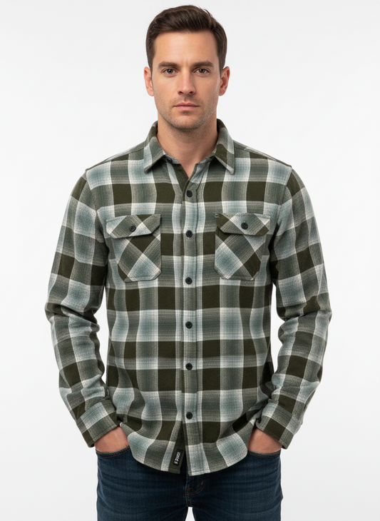 Camisa de botones Canyon Guide ⛰️ de cuadros tartán en color verde oliva, azul y blanco Talla M Entalle Regular