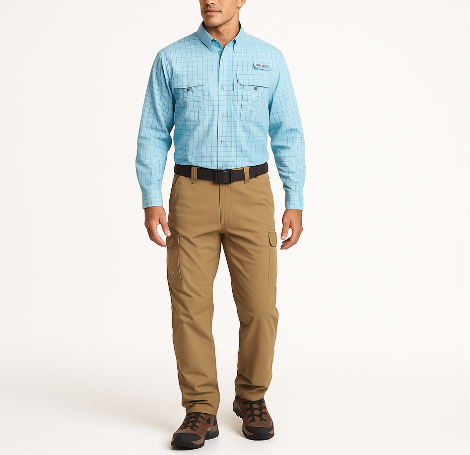 Camisa Columbia 🔹 Modelo Super Bonehead con patrón de cuadros en celeste, negro y blanco Manga larga Talla XL