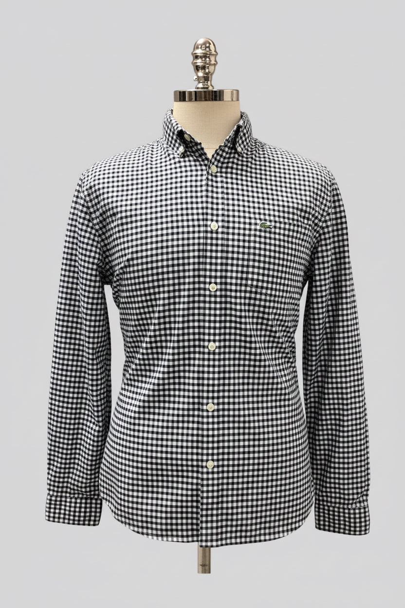 Camisa de botones Lacoste 🐊 de cuadros gingham negro y blanco Talla L Entalle Regular