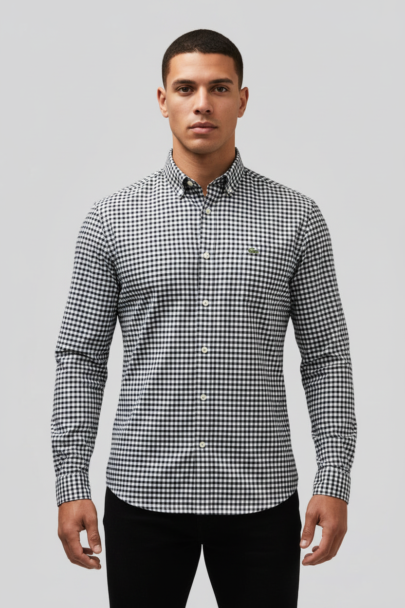 Camisa de botones Lacoste 🐊 de cuadros gingham negro y blanco Talla L Entalle Regular
