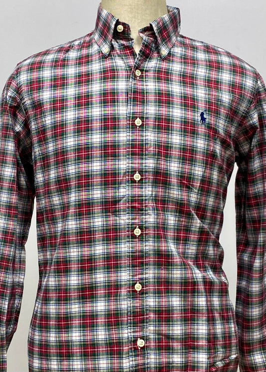 Camisa Polo Ralph Lauren 🏇🏼 con patron de cuadros tartán rojo, verde oscuro y blanco Talla M Entalle Custom Fit