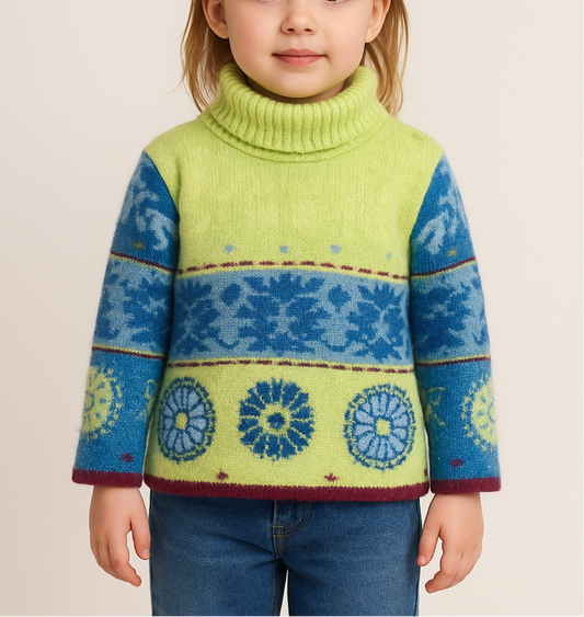 Sueter Jersey tejido de niña Marèse🌊 con cuello alto color verde con diseños en azul y magenta Talla 3