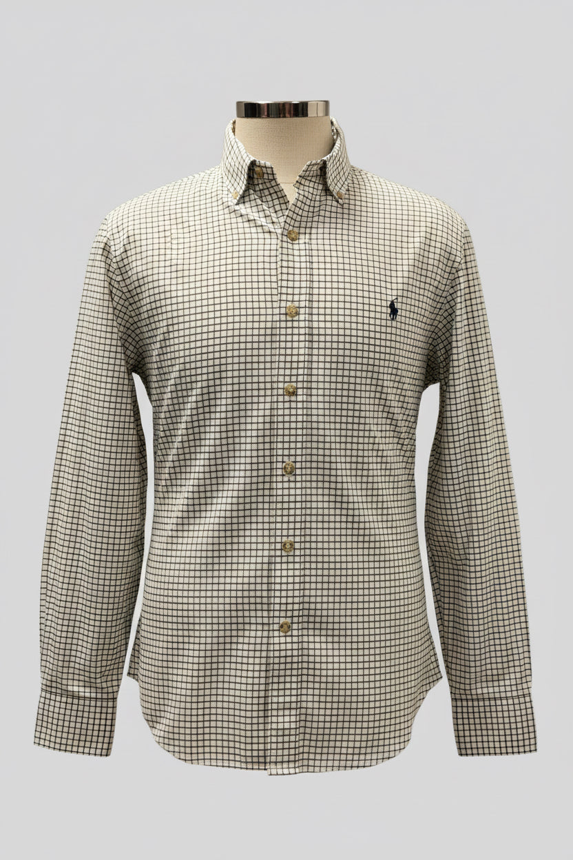 Camisa Polo Ralph Lauren 🏇🏼 color blanco de cuadros rojo oscuro y negro Talla L Entalle Slim Fit