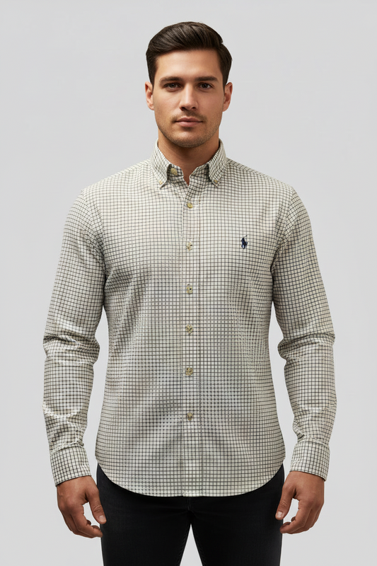 Camisa Polo Ralph Lauren 🏇🏼 color blanco de cuadros rojo oscuro y negro Talla L Entalle Slim Fit