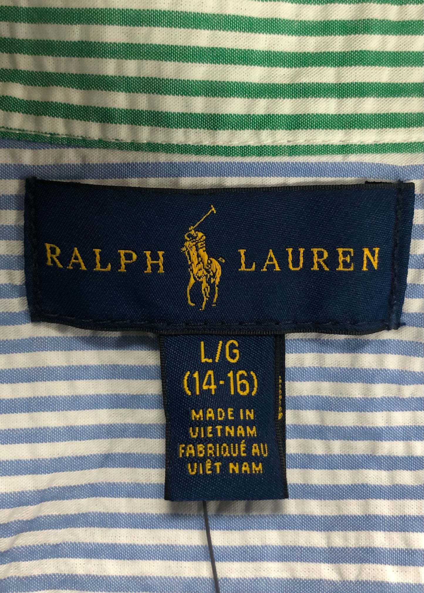 Camisa de niño Polo Ralph Lauren 🏇🏼 Seersucker de rayas en verde claro, rosado y azul Talla L (14-16) Entalle Regular