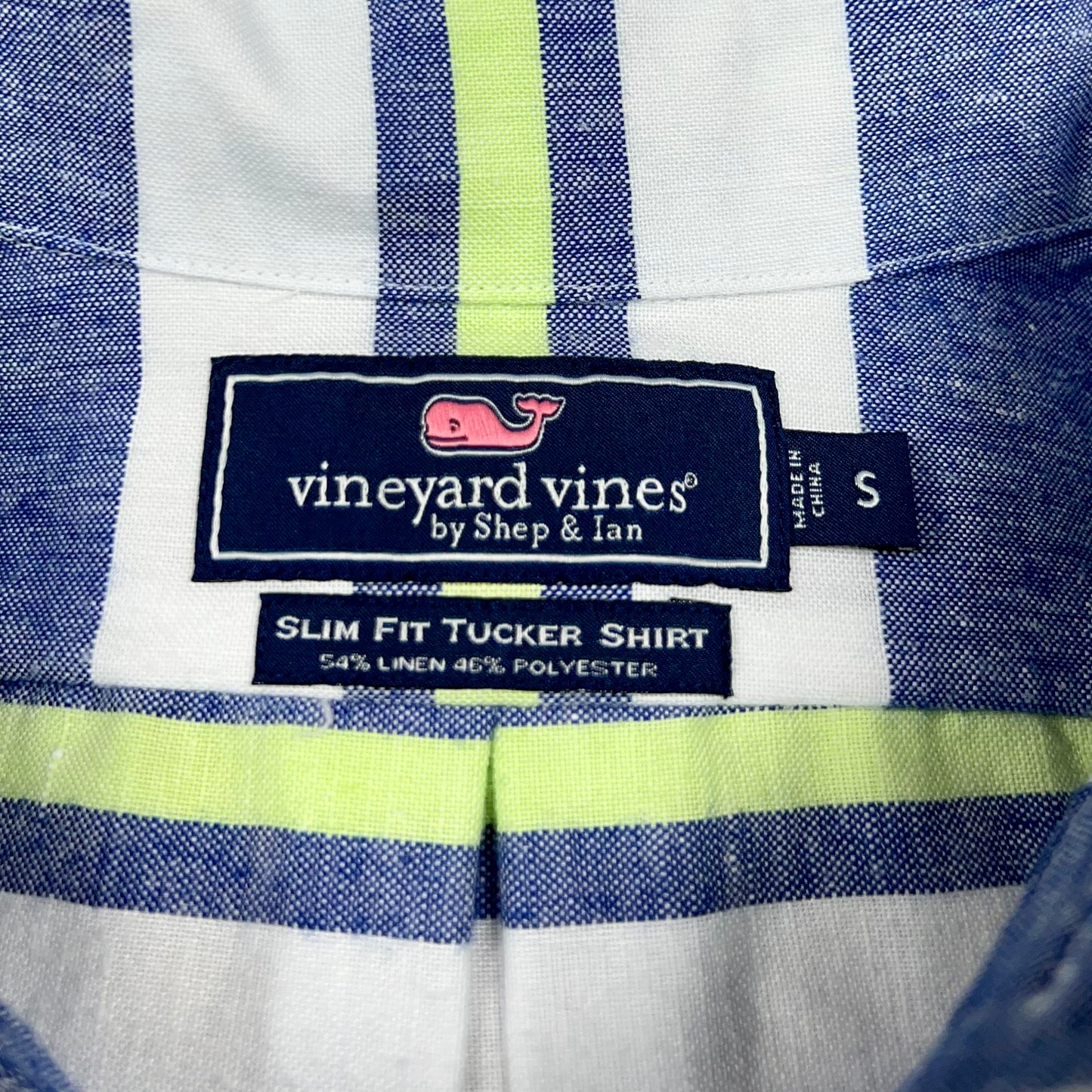 Camisa de botones Vineyard Vines 🐳 De Lino color Blanco con patrón de rayas en azul y verde Talla S Entalle Slim Fit