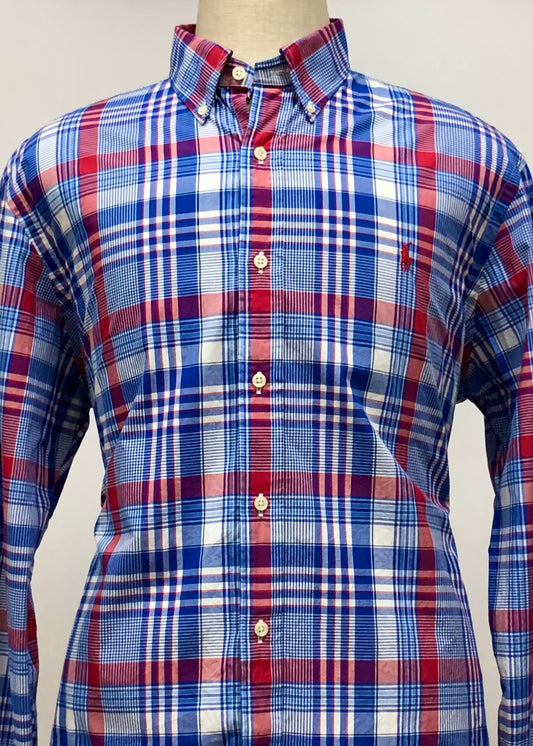 Camisa Polo Ralph Lauren 🏇🏼 color blanco con patrón de cuadros tartán azul y rojo Talla XL Entalle Slim Fit