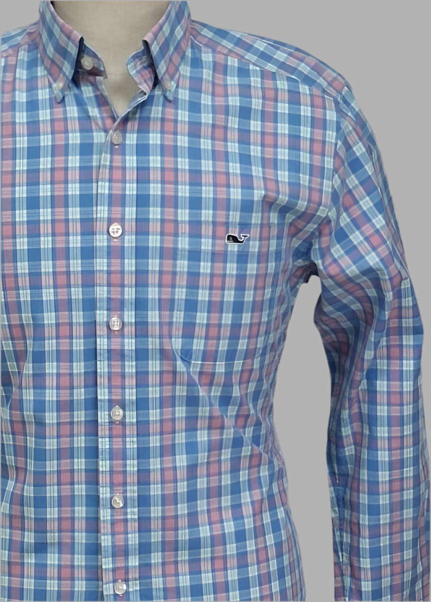 Camisa de botones Vineyard Vines 🐳 de cuadros en color rosado magenta, azul, verde y blanco Talla M Entalle Slim Fit