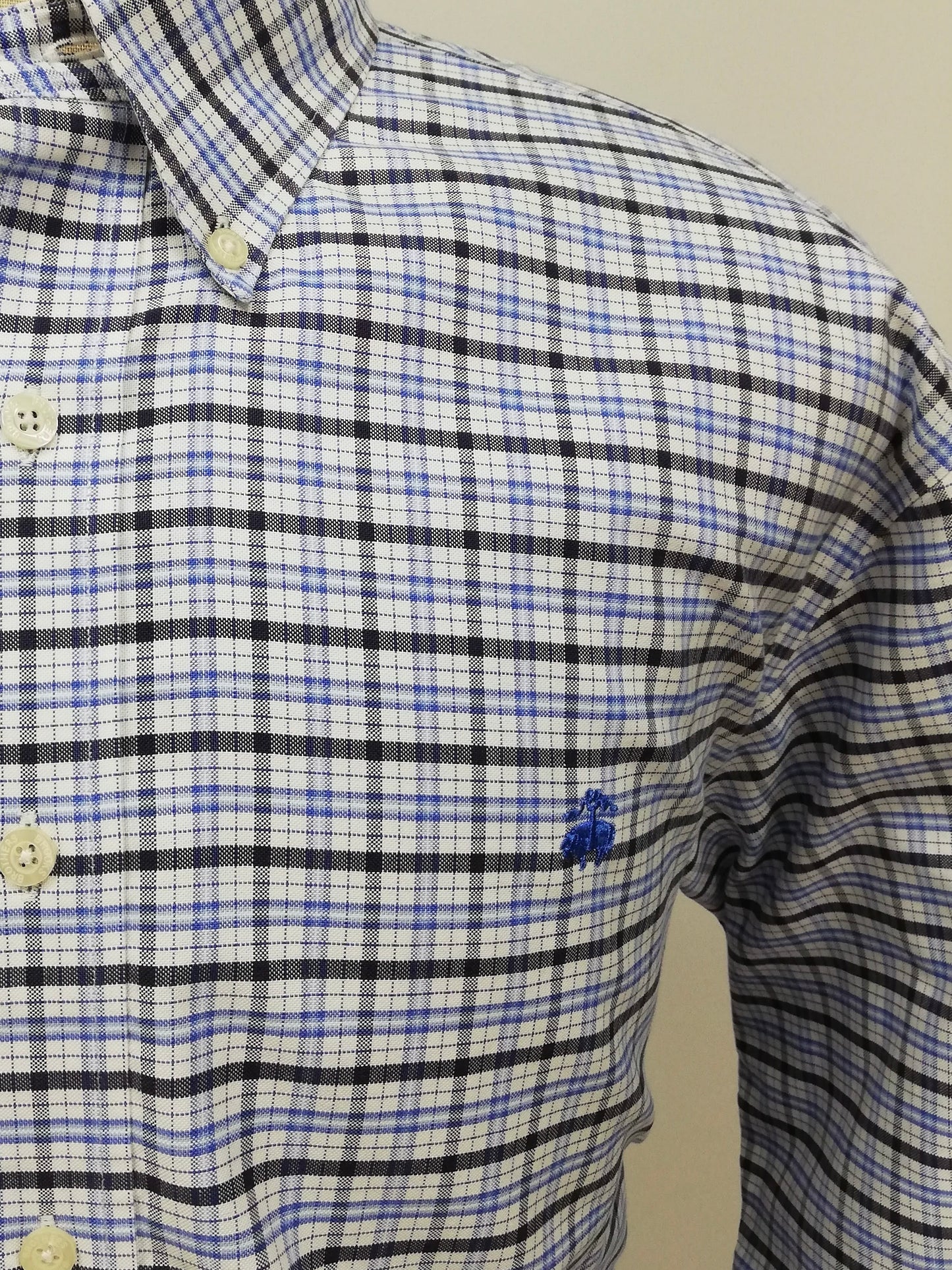 Camisa Brooks Brothers 🐑 color blanco con cuadros tartán en azul y negro Talla XL Entalle Regular