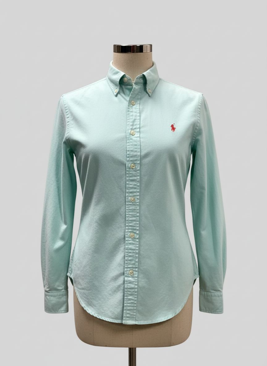 Camisa de mujer Polo Ralph Lauren 🏇🏼 Oxford con diseño tie-dye en turquesa y blanco Talla L Entalle Relaxed