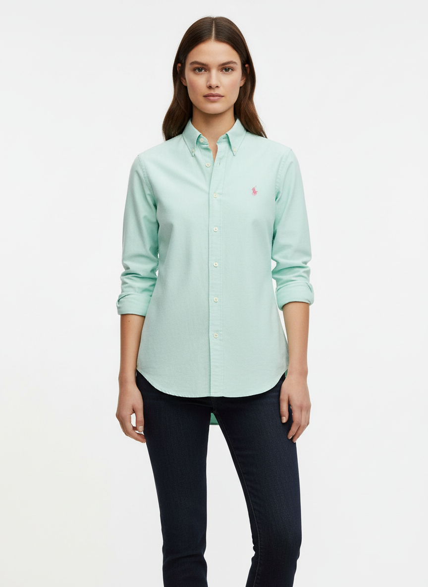 Camisa de mujer Polo Ralph Lauren 🏇🏼 Oxford con diseño tie-dye en turquesa y blanco Talla L Entalle Relaxed
