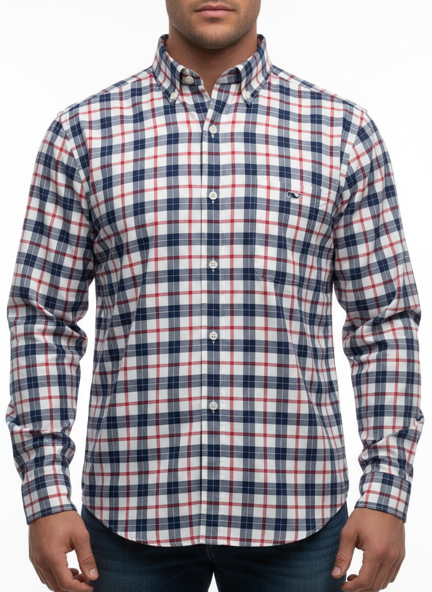 Camisa Vineyard Vines 🐳 color blanco de cuadros en color rojo y azul navy Talla M Entalle Clasico