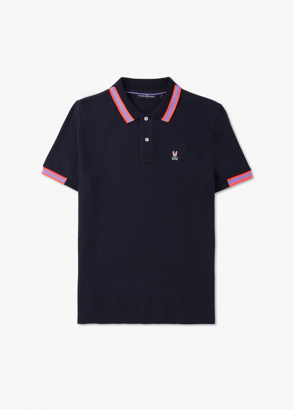 Camiseta Polo Psycho Bunny 🐰 Pique en color azul navy con diseño de cuello en rojo y lila Talla L Entalle Regular
