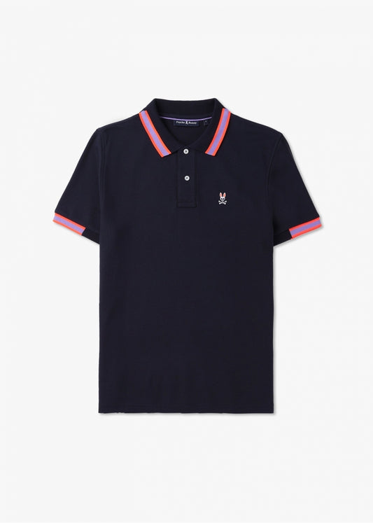 Camiseta Polo Psycho Bunny 🐰 Pique en color azul navy con diseño de cuello en rojo y lila Talla L Entalle Regular