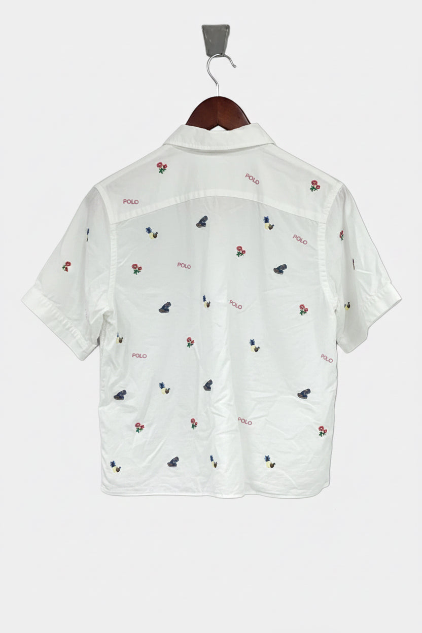 Camisa de mujer Polo Ralph Lauren 🏇🏼 color blanco con diseño de logos hawaianos bordados Talla XS Entalle Regular