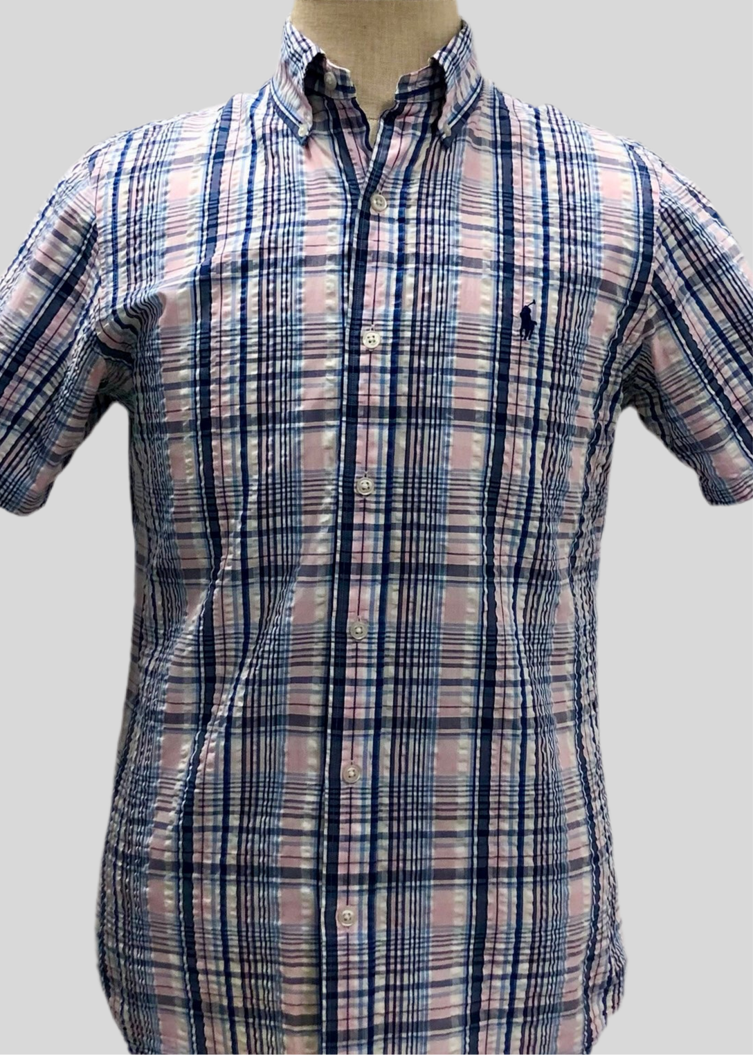 Camisa de botones Polo Ralph Lauren 🏇🏼 Seersucker de cuadros en rosado, azul y blanco Talla S Entalle Regular