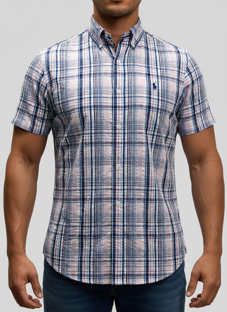 Camisa de botones Polo Ralph Lauren 🏇🏼 Seersucker de cuadros en rosado, azul y blanco Talla S Entalle Regular