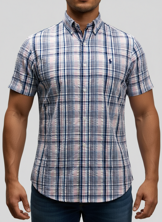 Camisa de botones Polo Ralph Lauren 🏇🏼 Seersucker de cuadros en rosado, azul y blanco Talla S Entalle Regular