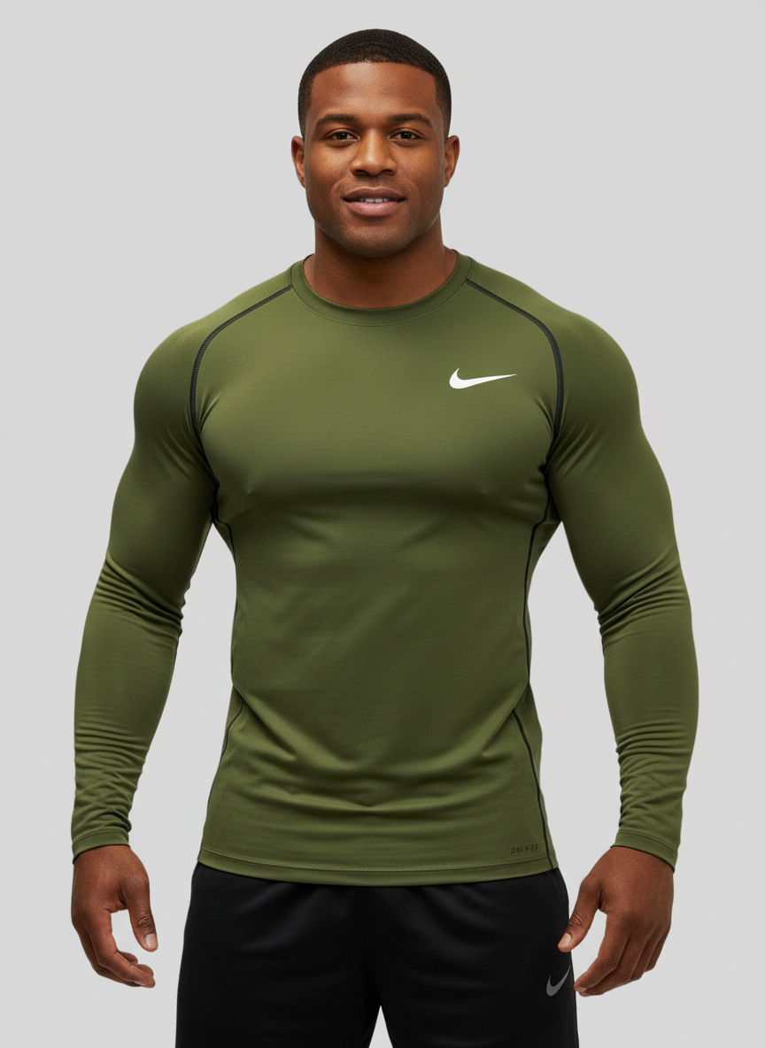 Camiseta de entrenamiento cuello redondo Nike ✔️ color verde oliva manga larga Talla XL