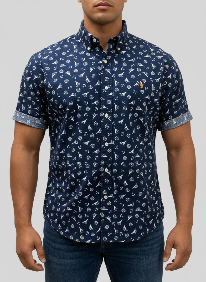 Camisa de botones Polo Ralph Lauren 🏇🏼 Oxford color azul navy con diseño de náutico en blanco Talla XL Entalle Clásico